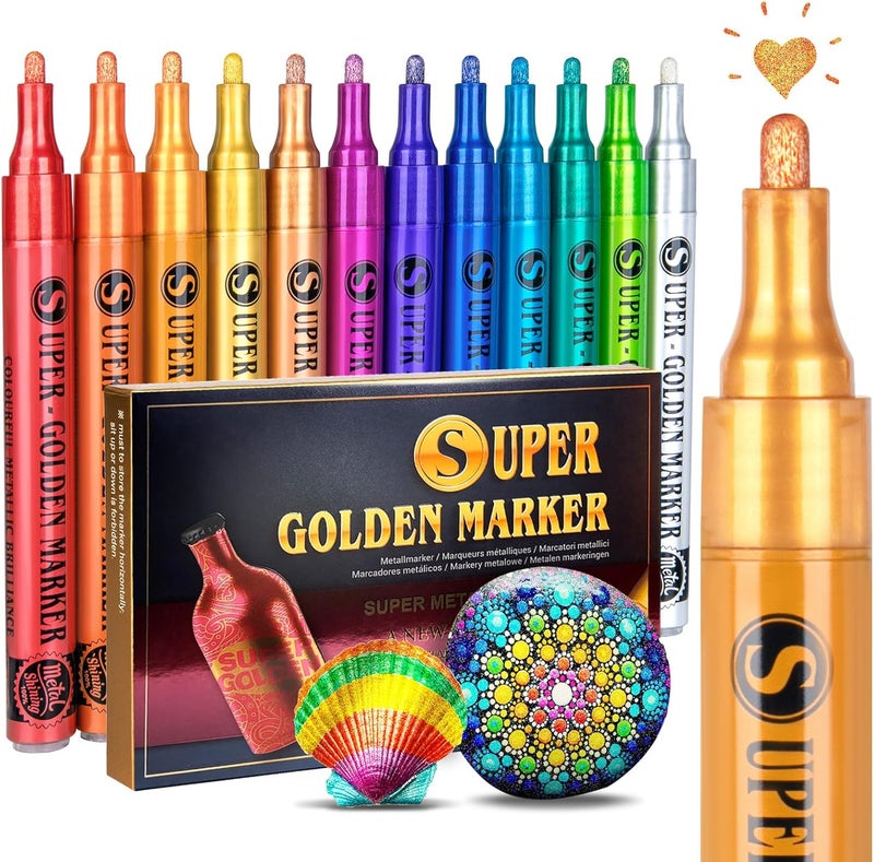 SAKEYR Super Golden Metallic Paint Markers, 12 Colors Sparkle Metallic Glitter Markers, Acrylic Paint Pens for Rock Painting, Glass, Wood, Fabric, Black Paper, Cards, Scrapbook, DIY Art Crafts (2-3mm) - Image 1